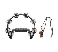Handheld Tambourine with Metal Bells, Half Round Hand Percussion Instrument, Black ABS Shell with Stainless Steel Jingles and Wooden Hanging Decor for Party Dance Concert