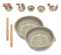 Handmade Garlic Grater X Herb Bowl,Multi-Functional 2-in-1 Stoneware Kitchen Grater Plate Tools,Herb Stripper,Different Round Hole Sizes Gadget for Ginger, Garlic, Cheese Stem Remover (2pcs)