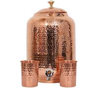 Handmade House Distributore d'acqua in puro rame martellato fatto a mano, 4 litri, serbatoio per acqua curativa Matka Ayurveda con 2 bicchieri da portata (8 litri)