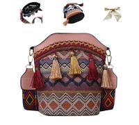 Handmade Native American Handbag,Boho Ethnic Woven Bucket Bag for Women,Vintage Geometric Pattern Crossbody Bags for Travel (Pink)