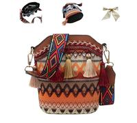 Handmade Native American Handbag,Boho Ethnic Woven Bucket Bag for Women,Vintage Geometric Pattern Crossbody Bags for Travel (Brown)