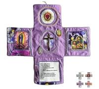 Handmade Pocket Devotional - Faith Edition, kit di preghiera cattolica da viaggio con croce, sacchetto pieghevole in tessuto a forma di croce, immagini di sante e preghiere spagnole, regalo cristiano