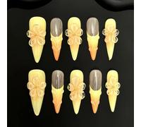 Handmade Press on Nails - Bohemian style Nude Base with Yellow French Trim, 3D Hand-Painted Transparent Flowers Long Almond Stilettos Style Acrylic Fake Nails, 10 Pieces (S)