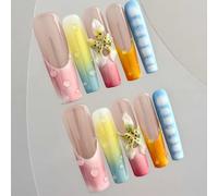 Handmade Press on Nails - Bohemian Subtropical Style Colorful Hand-Painted Patterns and 3D Boho Flowers Long Coffin Style Acrylic Fake Nails, 10 Pieces (S)