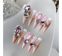 Handmade Press on Nails - Gradient of White and Pink is Adorned with Large Rhinestones Long Almond Style Acrylic Fake Nails, 10 Pieces (XS)