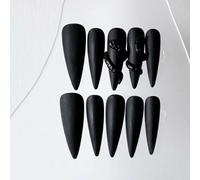 Handmade Press on Nails - Halloween Witch Vampire Gothic Style Matte Black with 3D Snake Long Almond Stilettos Style Acrylic Fake Nails, 10 Pieces (XS)
