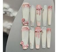 Handmade Press on Nails - Hand-Painted Wave Pattern Pink French Trim 3D Bow and Flower Long Coffin Style Acrylic Fake Nails, 10 Pieces (M)