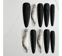 Handmade Press on Nails - Matte Black Snakeskin Pattern and White Snake Bone Pattern Long Coffin Gothic Style Acrylic Fake Nails, 10 Pieces (S)