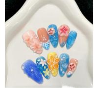 Handmade Press on Nails Medium Almond False Nails Sea 3D Flower Pearl Shell Glitter Full Cover Blue Ocean Summer Gradient Tropical French Tip for Women with Glue Reusable 10Pcs (L)