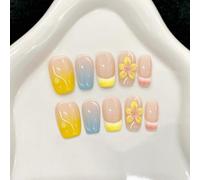 Handmade Press on Nails Medium Coffin False Nails Summer 3D Flower Yellow Pink Gradient French Blue for Women with Glue Reusable 10Pcs (S)