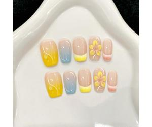 Handmade Press on Nails Medium Coffin False Nails Summer 3D Flower Yellow Pink Gradient French Blue for Women with Glue Reusable 10Pcs (M)