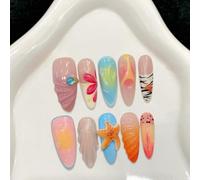 Handmade Press on Nails Medium Long Almond False Nails 3D Starfish Shell with Rhinestone French Flower Fake Summer Island Vacation Style for Women with Glue Reusable 10Pcs (XS)