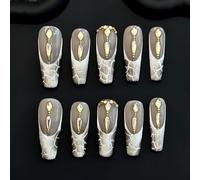 Handmade Press on Nails - Nude Color with French Snakeskin Pattern, Inlaid with Gold Rhinestones Long Coffin Style Acrylic Fake Nails, 10 Pieces (XS)