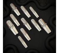 Handmade Press on Nails - Nude Color with White French Trim and 3D Diamond Setting Long Coffin Style Acrylic Fake Nails, 10 Pieces (XS)