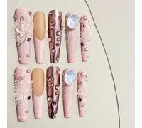 Handmade Press on Nails - Pink Cowboy and French Style, Rhinestone Embellishments Long Coffin Style Acrylic Fake Nails, 10 Pieces (M)