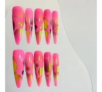Handmade Press on Nails - Pink Frosted Pattern Hot Girl Y2K Almond Long Stilettos Style Acrylic Fake Nails, 10 Pieces (S)