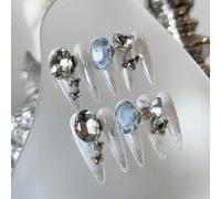 Handmade Press on Nails - White Base with Silver Sequins Inlaid with Transparent Butterflies and Large Blue Rhinestones Long Almond Stilettos Style Acrylic Fake Nails, 10 Pieces (M)