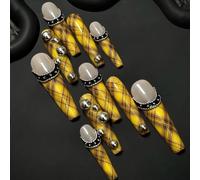 Handmade Press on Nails - Yellow Checkered Pattern and French Edge with Round Beads Long Coffin Style Acrylic Fake Nails, 10 Pieces (M)