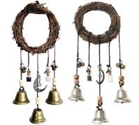 Handmade Witch Bells,Front Door Vintage Bells,Decorative Hanging Bell Wind Chime with Rattan Wreath,Boho Style Door Hanging Wind Chimes for Home Porch Decor,Gift for Housewarming (Bronze+Silver)