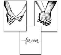 Hands Forever - Tela artistica da parete con cornice per camera da letto, pronta da appendere, 30,5 x 40,6 cm, 3 pannelli, stampe con cornice nera, per coppie, amore, disegno, opere d'arte da parete