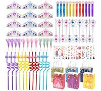 HandTool 84 bomboniere a forma di principessa, dolci forniture per feste di compleanno, tra cui corone, bacchette di diamante, adesivi per tatuaggi, soffiatori, bacchette per bolle, perfette per