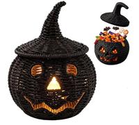 Handwoven Seagrass Pumpkin for Spooky Halloween Candy Storage，Black-A