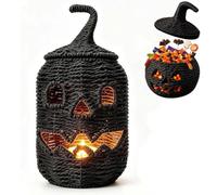 Handwoven Seagrass Pumpkin for Spooky Halloween Candy Storage，Black-B