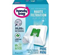 Handy Bag Sacchetti per aspirapolvere PH86/PH99 x4sacche compatibili Philips, Electrolux, AEG, Tornado 99,99% delle polveri trattenute - Facile chiusura - Filtro anallergico 60% di materiali riciclati