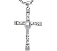 Hanessa Collana da uomo con ciondolo a forma di croce in acciaio inox placcato Fast and Furious con zirconi cubici. Elegante regalo di Natale per il fidanzato/marito in argento, zirconia cubica
