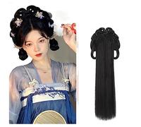 Hanfu Parrucche Cosplay Donne Anime nere Antico cinese Hanfu Parrucche Copricapo Accessori Hanfu Parrucche lunghe diritte Parrucca nera Fascia (Color : Golden cicada)