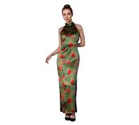 HangErFeng Abito da donna con scollo all'americana stampato in seta profumata nuvola 3023, Verde, L