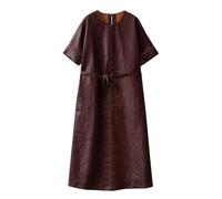 HangErFeng Abito da donna in seta Crackle Xiangyunsha Batwing Manica Corta Una Linea Cuciture a Contrasto Cintura Midi Dress 5078, Seta testurizzata mogano, 4XL