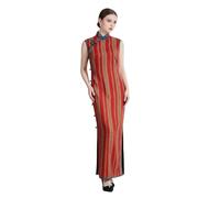 HangErFeng Abito da donna in seta Xiangyunsha Qipao senza maniche con colletto alla coreana abito Cheongsam a righe 3953, Cheongsam a righe Crimson Dynasty, S