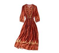 HangErFeng Abito estivo da donna in seta con stampa floreale con coulisse a una linea a maniche a sbuffo 5077, Arazzo bohémien cremis, S