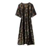 HangErFeng Abito midi da donna in broccato di seta canzone abito midi ibisco floreale manica corta cintura silhouette allentata 5101, nero, L