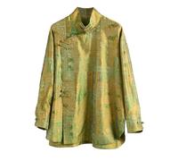 HangErFeng Camicetta da donna in seta jacquard patchwork colletto con nodo cinese bottone manica lunga 556, Motivo verde dorato, M