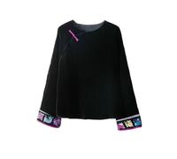 HangErFeng Camicetta da donna in velluto di seta nera a maniche lunghe ricamate con zodiaco polsini diagonali abbottonatura top 522, Velluto nero con ricamo etnico, L