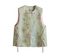 HangErFeng Donne Seta Jacquard Senza Maniche Top Verde Chiaro Floreale Cinese Nodo Bottoni Retro Gilet 527 M