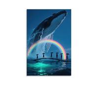 Hangi - Decorazione da parete con immagine di una megattera che si trasforma in un ponte arcobaleno, con figure che trasportano ombrelli che trasportano su di esso, superficie marina incandescente con