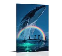 Hangi - Decorazione da parete con immagine di una megattera che si trasforma in un ponte arcobaleno, con figure che trasportano ombrelli che trasportano su di esso, superficie marina incandescente con