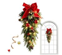 Hanging Christmas Teardrop - PP 70cm | Cedar Pine Garland | Berries Cones And Bow | Battery-Operated Or Classic Wreath For Staircase Porch Window Decor
