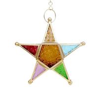 Hanging Glass Candle Light - Arabic Star Decor Fixture, Colored Panel Lantern Ornament, Artistic Illumination Display Unit, Traditional Style Lighting Accessory | Home Decoration Atmosphere Area