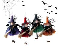 Hanging Witch Ornaments - Halloween Tree Decor | Broom Dolls, 4-Pack | Spooky Fabric - Statuetta pendente con stringa di gancio per porta di casa Haunted Frame Window Porch Shelf Indoor Outdoor