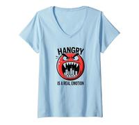 Hangry è Una Vera emozione: Divertente Mostro dell'umore del Cibo Maglietta con Collo a V, Donna, Celeste, L