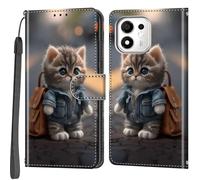Haninsuze Custodia per Honor 600 Smart, gatto | Pelle PU, 3 porta carte, portafoglio libro flip, Folio Stand View, magnetico, multi-pattern cover, cordino