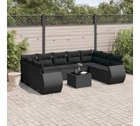 HANJIEFACAI 10 Piece Outdoor Garden Sofa Set with Cushions Black Polyrattan Furniture for Patio Terrace Backyard Lounge Seating Group with Tempered Glass Table