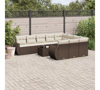 HANJIEFACAI 11-Piece Brown Polyrattan Garden Sofa Set with Cushions, Outdoor Patio Furniture Set for Terrace, Weather Resistant Rattan PE Material with Glass Table and Comfortable Seating