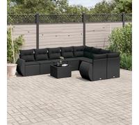 HANJIEFACAI Set Divani da Giardino 10pz Nero con Cuscini Lavabili, Polyrattan Resistente UV, Set Completo per Terrazza Giardino Patio con Tavolo Vetro Temperato e Mobili Esterni Modulari