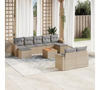 HANJIEFACAI Set Divano da Giardino 10 Pezzi con Cuscini Beige Polyrattan Resistenti UV, Mobili da Esterno per Terrazza Giardino Patio, Set Salotto Esterno con Tavolo in Legno Acacia