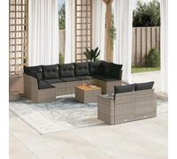 HANJIEFACAI Set Divano da Giardino 10 Pezzi Polyrattan Grigio con Cuscini Lavabili, Mobili da Esterno per Terrazza Giardino Patio, Set Salotto Esterno con Tavolo in Legno Acacia